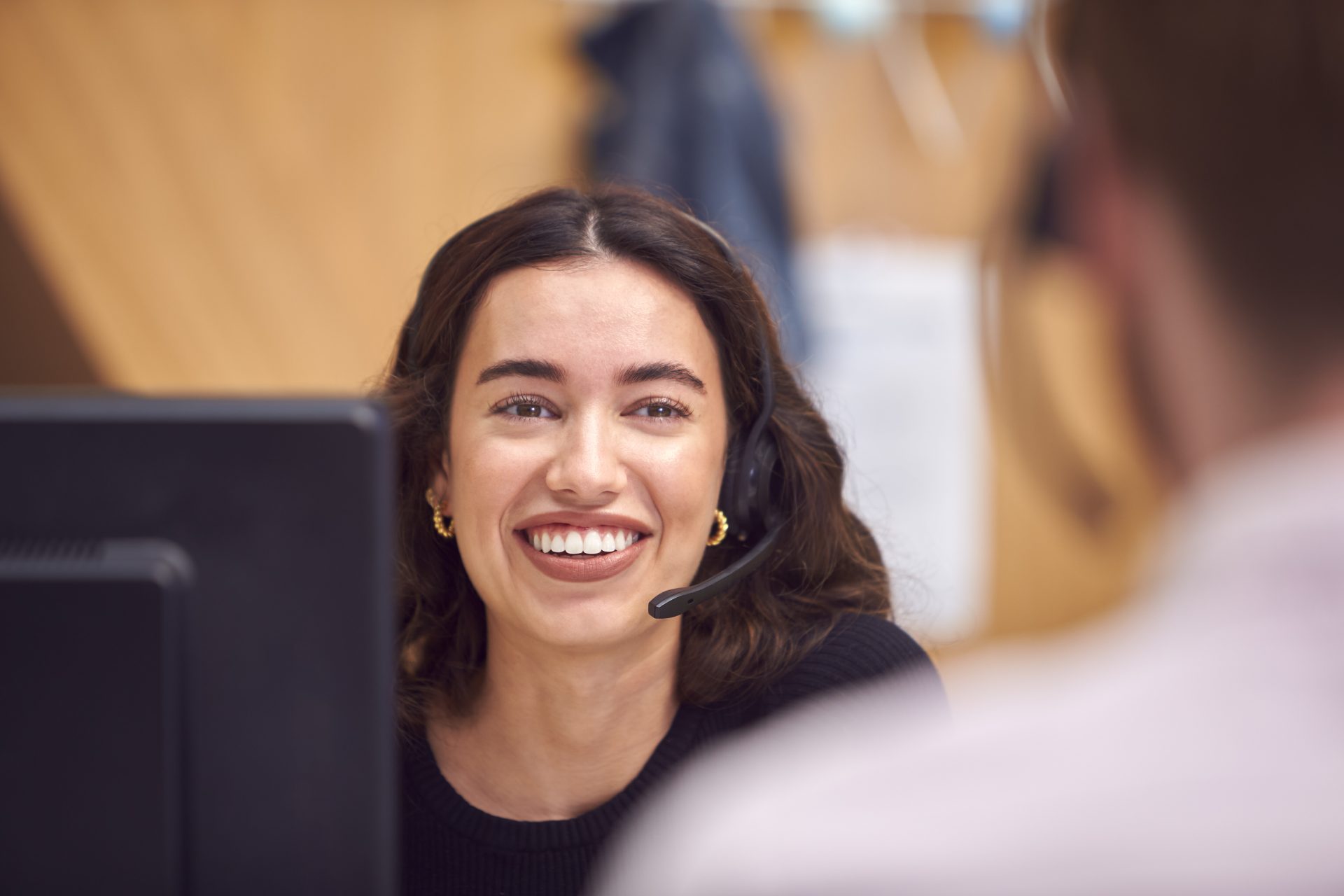 Businesswoman In Cubicle Wearing Headset Talking T 2021 12 09 06 51 07 Utc